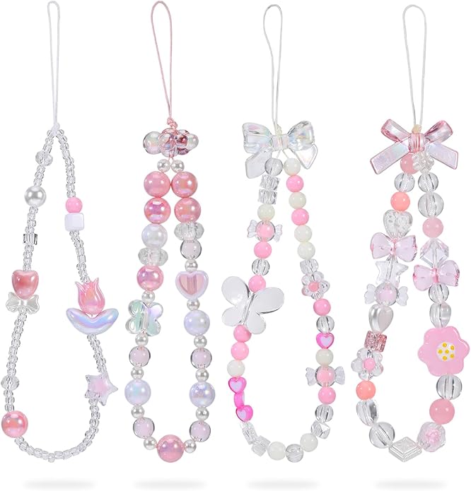 Pink Beaded Phone Wrist Straps, Y2K Phone Case Charms Camera Charm Strap, Lanyard Keychain Wristlet Aesthetic Cellphone Charm