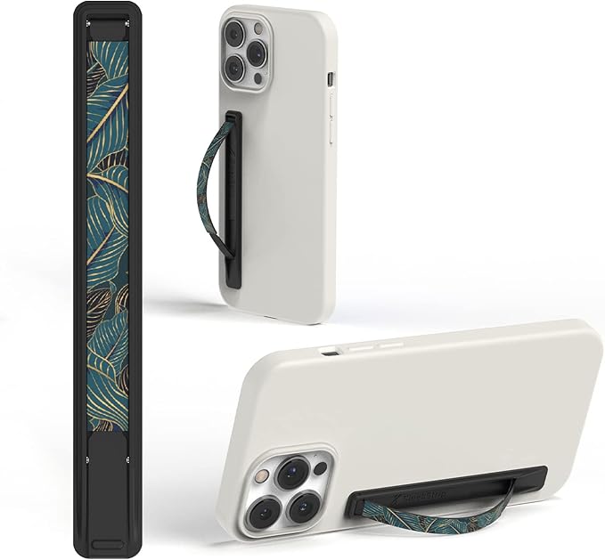 SleekStrip SleekGrip-Essential Ultra Thin Phone Grip Stand,Slim Metal Finger Loop Ring Hand Holder Strap Cell Phone Grips for iPhone 16 Pro Max,17 Air,Android,Case Back - Black x Palm Leaf Green
