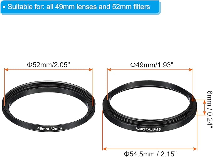 PATIKIL 49mm-52mm Metal Step Up Ring, 2 Pack Camera Lens Filter Adapter Ring Aluminum Filter Adapter Ring for Camera Lenses Hood, Black