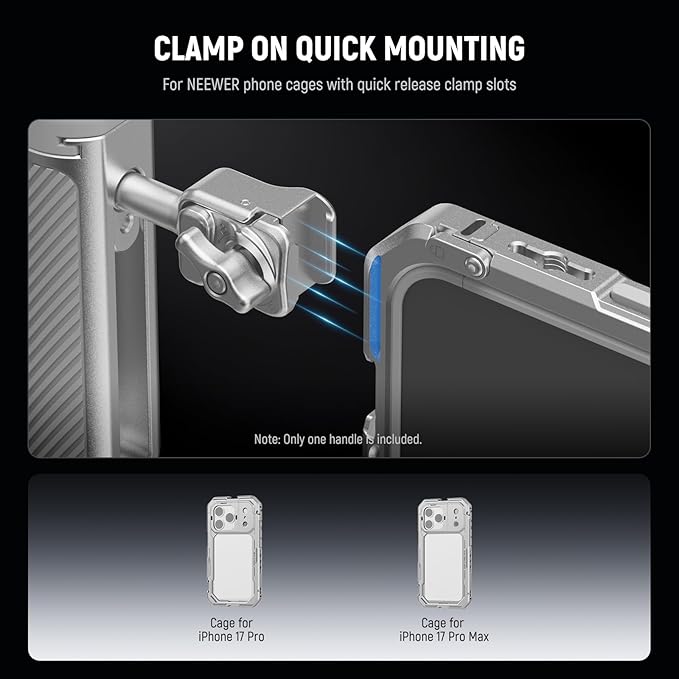 NEEWER Quick Release Side Handle with Detachable Bluetooth Shutter, Anti Off Cold Shoe, 360° Rotation, Compatible with iPhone 16 Pro 16 Pro Max S25 Ultra Phone Cage Accessories, Silver + Gray, PA045E