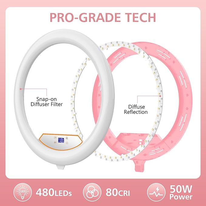 22" Large Ring Light with Stand,Foldable LED Big Ring Light Tripod for iPhone Phone Ipad, 75" Tall Tripod Touch Screen,Wireless Remote for Live Stream,YouTube,TikTok Video Shooting Pink