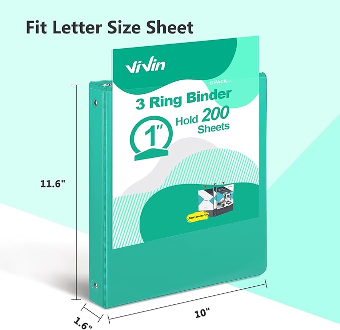 ViVin 1 Inch Round Ring View Binder for Durability, Standard 3 Ring Binder for 200 Sheets of US Letter Size Paper, PVC-Free, 6-Pack (Lake Green)