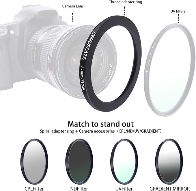 82mm to 77mm Camera Filter Adapter Ring,82mm-77mm Lens Adapter Metal Filter Rings Compatible All 82mm Size Lens and 77mm Thread Size Camera Accessory+1pcs Lens Cleaning Cloth.