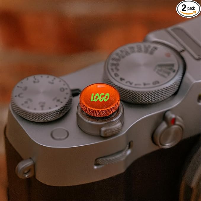 Custom Metal Soft Shutter Release Button with Personalized Logo, Text or Image, Compatible with Fujifilm Threaded Models, 2-Pack (Orange)