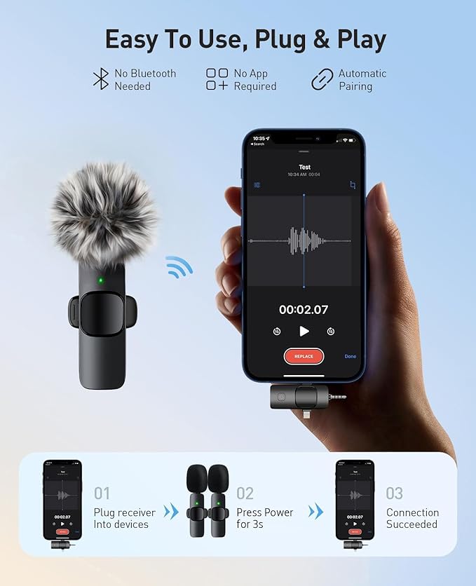3-in-1 Mini Microphone for iPhone: Wireless Lavalier Microphones for iOS/Android/Camera - Noise Reduction Lapel Mic, Clip on Mic for Video Recording Vlog, YouTube, Interview, Gifts