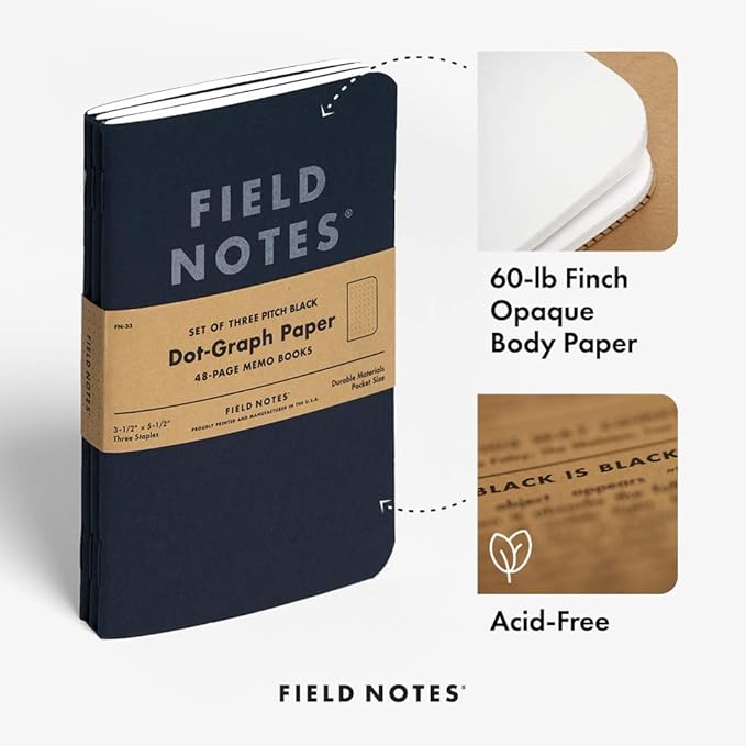 Field Notes 3-Pack Pitch Black Memo Books (3.5" X 5.5"), Dot-Graph, 48 Pages | Thin Pocket Sized EDC Notebook With 90 GSM Paper & Paperback Cover | Work Notebooks For Note Taking | Made in the USA