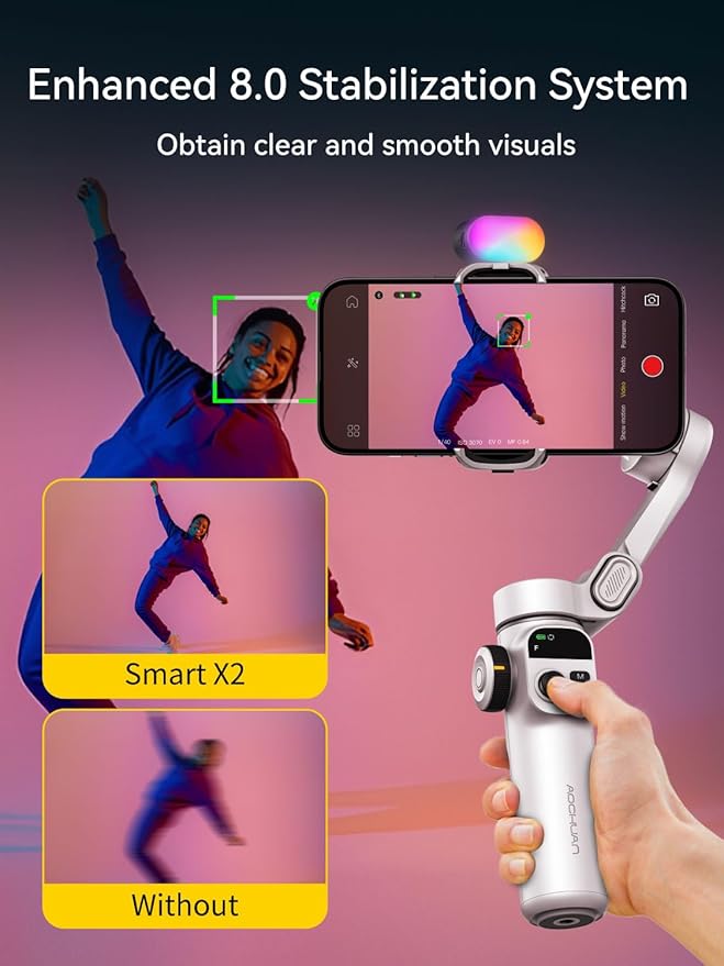 AOCHUAN Gimbal Stabilizer for iPhone w/RGB Magnetic Fill Light, Foldable Gimbal w/7.8' Extension Rod & OLED Display for Vlogging & Filmmaking, Compatible with iPhone 16/15 Pro Max-Smart X2 Kit White