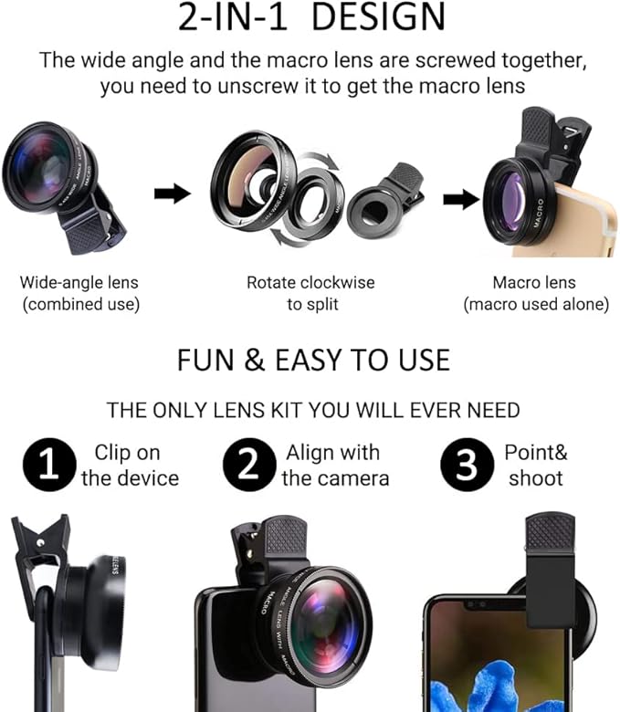 Mcoplus Cell Phone Camera Lens 2 in 1 Clip-on Lens Kit 37mm 0.45X 49UV Super Wide Angle & Macro Phone Camera Lens for iPhone and Android Smartphones Cell Phones