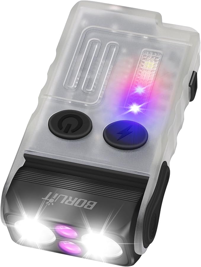 Boruit V20 Small Powerful Flashlight Super Bright with 365nm UV, Red Blue Green Warm Light, 180° Swivels, 110dB Buzzer, Mini Keychain Pocket Rechargeable LED Flashlights Usb EDC Clip Flash Light White