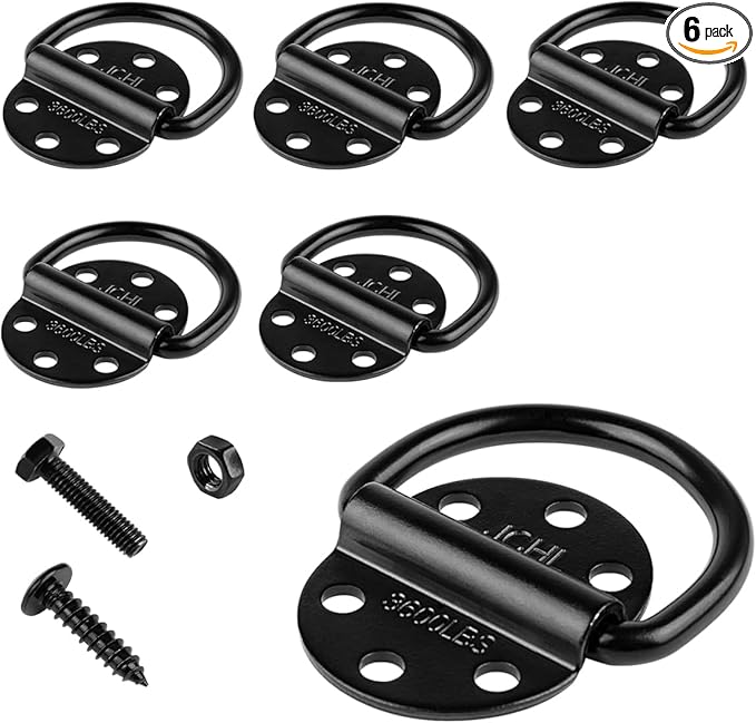 D-Rings Tie Downs Anchors Heavy Duty Steel 3600 Pound Capacity Lashing Rings for Loads on Trailers Trucks RV Campers Vans ATV SUV Boats Tie Down Ring with Screws&Bolts (6-Packs)