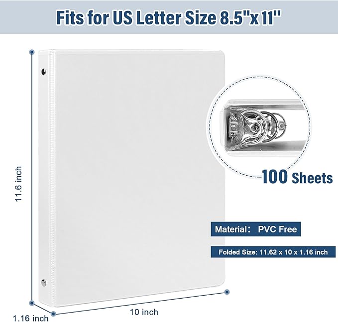 1/2 Inch 3-Ring-Binder with Pockets, 0.5''-inch Round Binders Holds 100 Sheets US Letter Size 8.5'' x 11'' - Bundle 12 Packs White Binders for Home, Office, and Back to School (0.5'' - 12 Packs)
