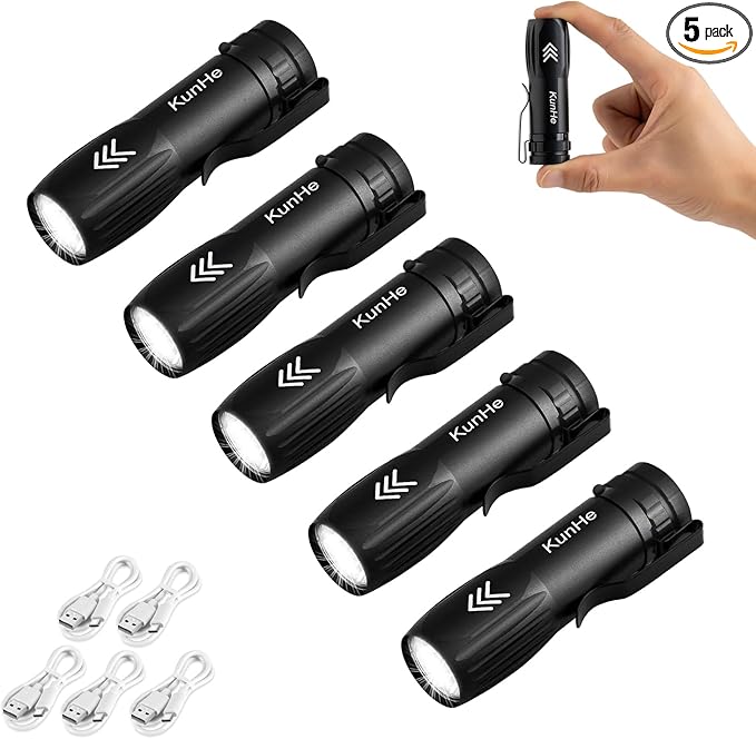 KunHe 5 Pack Mini Flashlight Rechargeable Bulk USB-C Small High Lumen Flashlight Clip-on Portable Pocket Flash Light for EDC Emergency Home Use