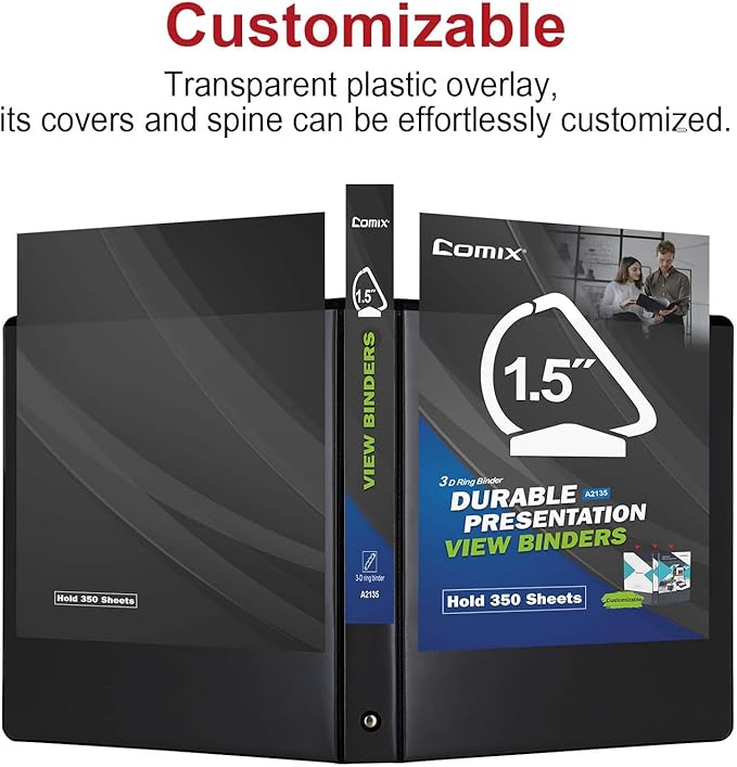 Comix Sturdy 1.5 Inch D-Ring Binders, 1.5'' 3 Ring Binder with Clear View Cover, 2.4mm-Thick, 1-1/2 Inch Rings Holds 350 Sheets of 8.5" x 11" Paper, 6 Packs (Black)