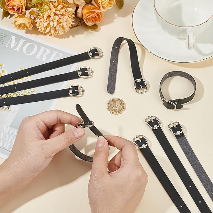 FINGERINSPIRE 12 pcs PU Leather Luggage Tag Straps 7.87" Black Leather Luggage Tag Loops with Alloy Buckle Leather Name Strap Tag Holders for Suitcases Briefcase Backpacks Travel Hanging Accessories