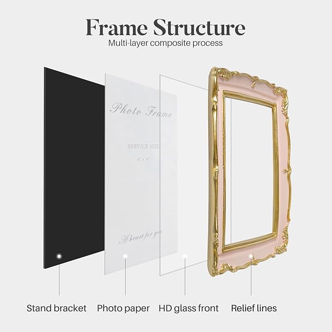 Cuspin 4x6 Vintage Picture Frame Pink and Gold Frame, 4 by 6 Photo Frames Ornate Textured Hand-Crafted Resin with Glass Front for Tabletop Display and Wall Hanging, Retro Design Home Decor