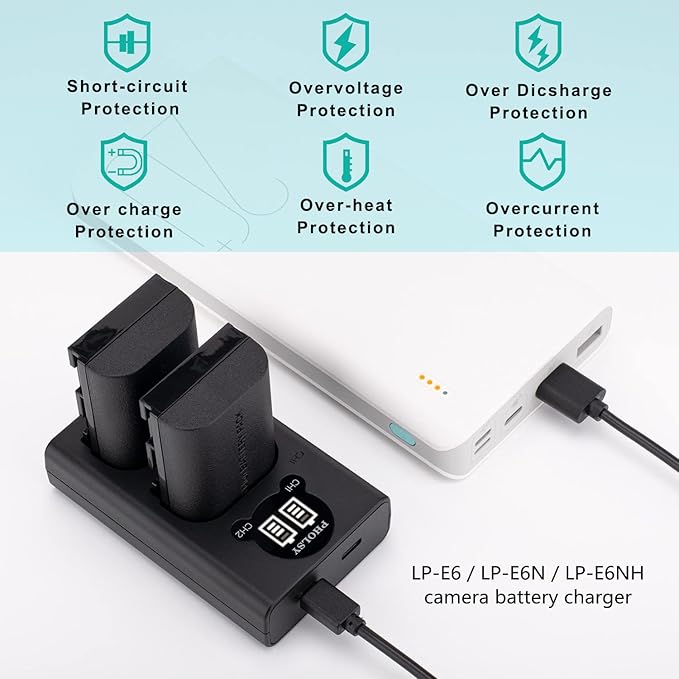 LP-E6NH LP-E6N LP-E6 Battery Charger LED Display Camera Battery Charger Compatible with Canon LC-E6 LC-E6E Charger Compatible with Canon R7 R6 R5 R 5D-IV/III/II 5DS 6D 6D-II 7D 7D-II 90D 80D 70D 60Da