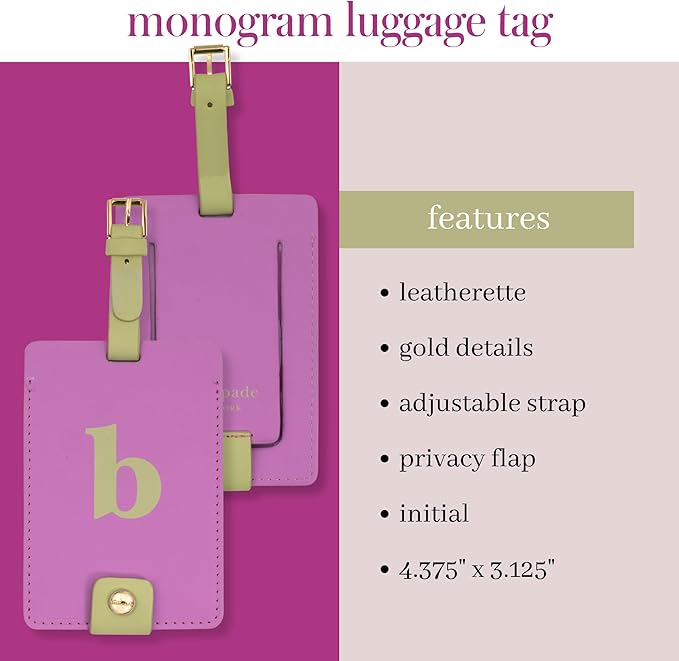 Kate Spade New York Leatherette Luggage Tag with Secure Strap, Colorful Suitcase Identifier for Travel, Monogram Bag Tag ID (B) (Pack of 2)
