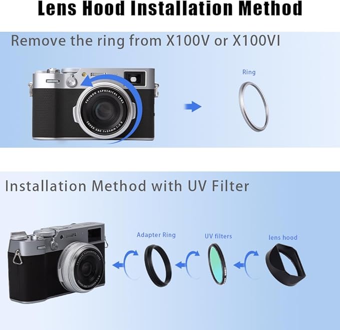 Metal Square Lens Hood (with Cap) with 49mm Adapter Ring for Fujifilm X100V/X100VI Camera Accessories (X100VI-Lens Hood-Black)