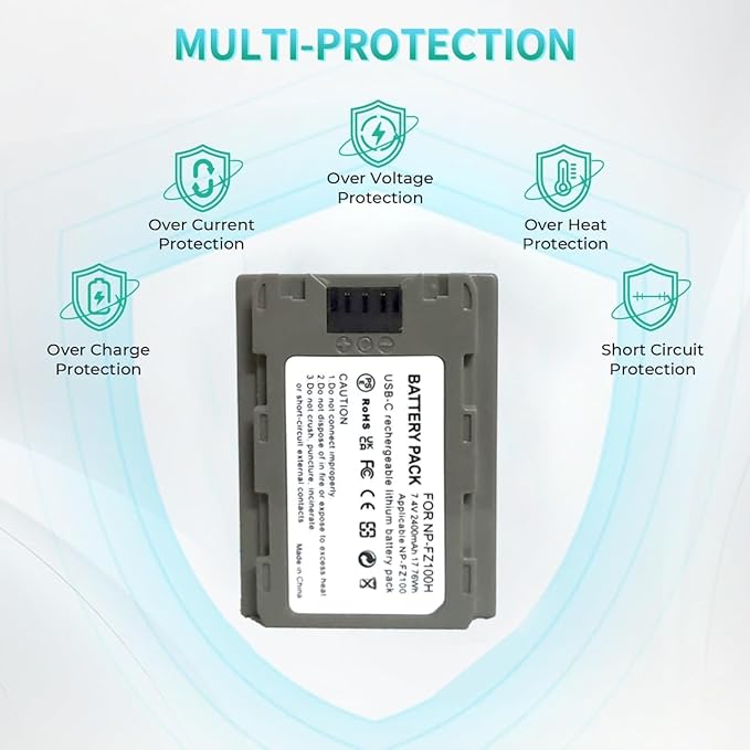 NP-FZ100 2400mAh Replacement Battery for A7R V A7S III A7 IV, USB C Charging Cable, Compatible with ZV-E1, FX3, FX30, A1, A9,A9 II, A6600, A7C