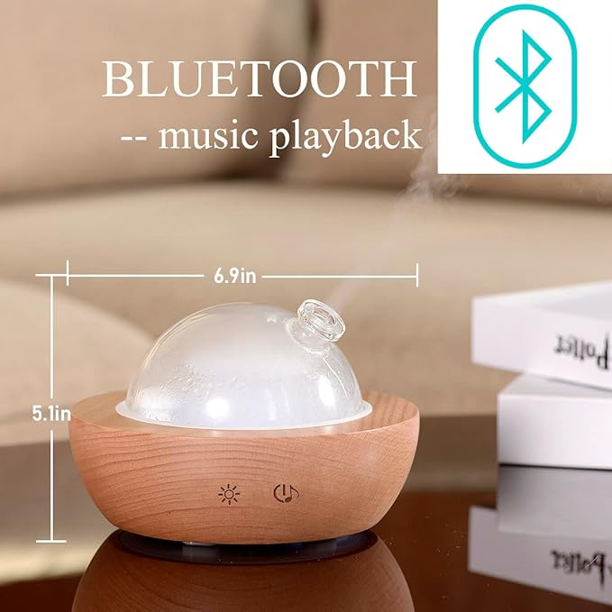 Glass Essential Oil Diffuser,Real Wood Base,Bluetooth Speaker,2025 Upgrade Aromatherapy Diffuser,Aroma Diffuse with Music Player,LED Light in 7 Colors，Home Office Bedroom（Non-Glass Reservoir）