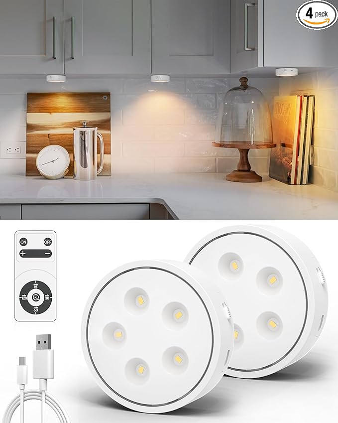 Puck Lights with Remote Control,Under Cabinet Lighting Magnetic,LED Closet Lights Rechargeable,Dimming Tap Light, Stick on Lights, for Closet, Bedroom Wall, Under Cabinet(Warm Color)2 Pack