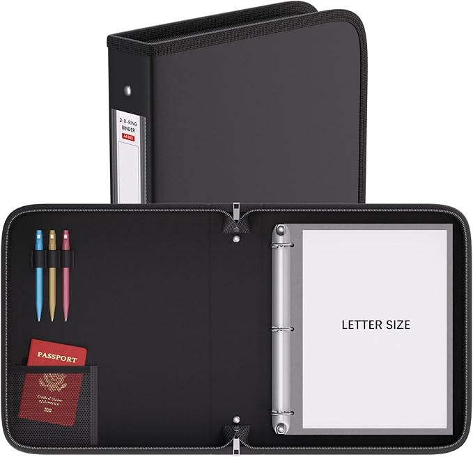 ZOOPIP Fireproof 3 Ring Binder with Zipper, 1.5 Inch D Rings Hold up 375 Sheets of 8.5" x 11" (A4), Compatible with Clear Page Protectors, Built-in Net and Pen Holder(Black, 1 Pcs)