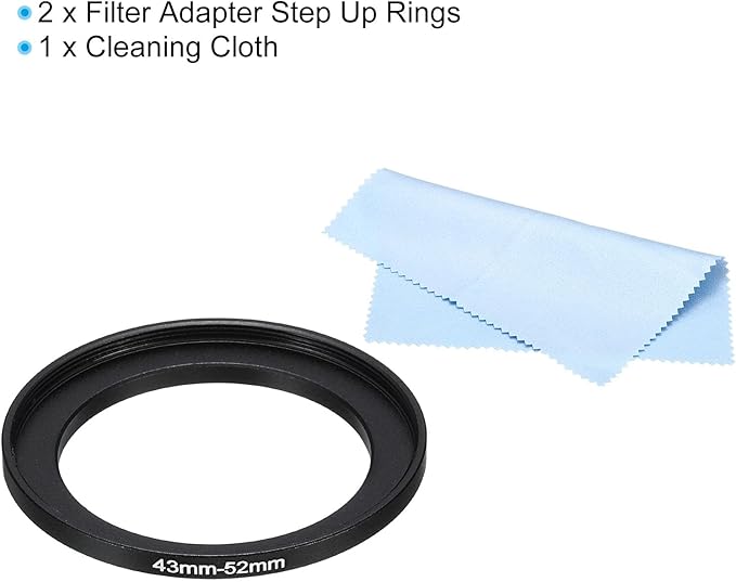 PATIKIL 43mm-52mm Metal Step Up Ring with Cleaning Cloth, 2 Pack Camera Lens Filter Adapter Ring Aluminum Filter Adapter Ring for Camera Lenses Hood, Black