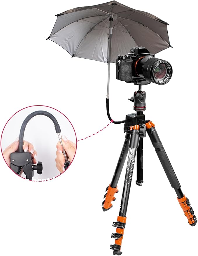 SnowTing Umbrella Chair Clamp for Cameras, Flexible Adjustable Gooseneck Camera Rain Cover, Tripod Sun Shade Umbrella for Outdoor Photographing, Filming, Live Streaming, 20 Inch Diameter, Black