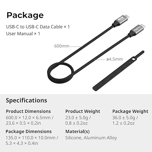 SMALLRIG USB4 40Gbps USB-C Cable, 240W Fast Charging & 8K@60Hz Video & 40Gbps Data Transfer, 60cm/23.6in Straight to Straight Connectors with Cable Tie, for MacBook for iPad Pro for iPhone - 5074