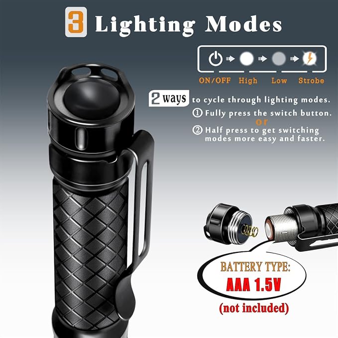 3 Modes Small Mini Flashlights LED Powerful High Lumens Tactical Pen Light with Clip,Slim Portable Pocket Compact Torch for Emergency Inspection AAA Battery Water-Resistant (Black & Black)