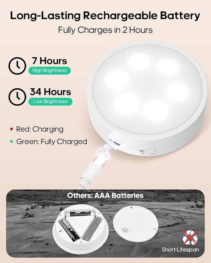 Puck Lights with Remote, 13 RGB Colors LED Under Cabinet Light, Rechargeable Battery Operated Under Cabinet Lighting Tap Lights, Stick on Lights with Dimmer and Timer（6 Pack）
