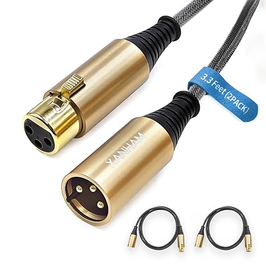 XLR Cable 3.3 Feet/1 Meter 2 Pack 3 Pin Microphone Female to Male Balanced Shielded Cable, Fibre Braiding with 22AWG Oxygen-Free Copper(OFC) Mic Cord for Speaker and Audio System