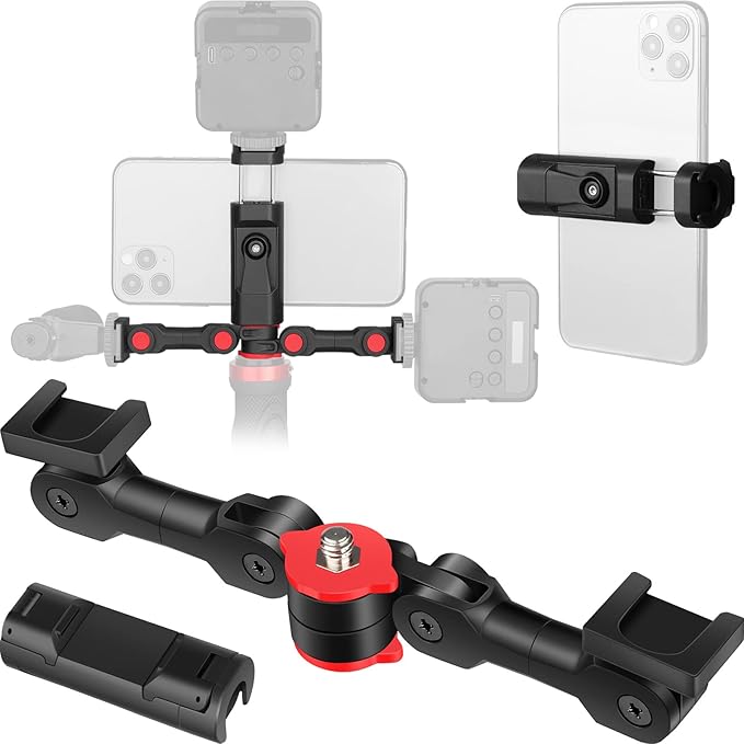 ChromLives Cold Shoe Mount Adapter with Phone Clip,Rotatable Dual Cold Shoe Extension Bracket Hot Shoe Mount Adapter for Led Light/Microphone