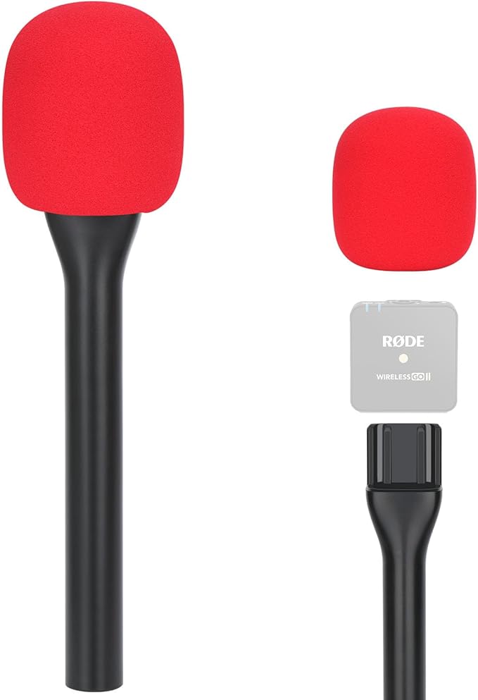 SUNMON Handheld Mic Stand for Rode Wireless Mic with Pop Filter(Red), Holder for Rode Go 2/Wireless Pro, Interview Microphone Adapter Handheld for Wireless Go/Wireless ME