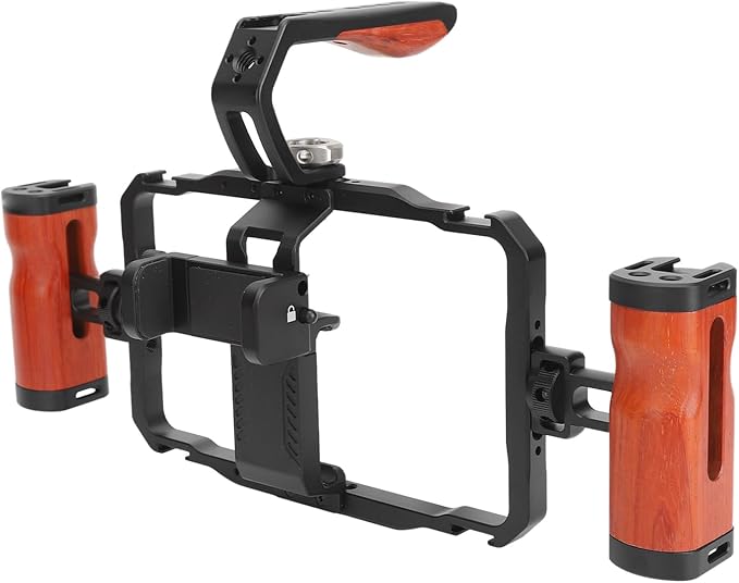 Universal Phone Cage, Aviation Aluminum Phone Video Rig with 12x 1/4 Threaded Holes 4X Cold Shoe Openings, Dual Handle Power Bank Stand, for Pixel 5580mm Width