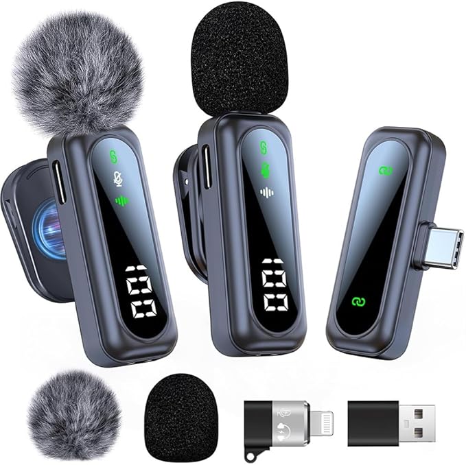 2 Pack Wireless Lavalier Microphone with Clip Wireless Microphone with Noise Cancellation Plug and Play Wireless Mic for Android Live Broadcast
