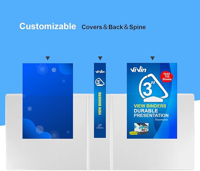 ViVin Durable 3 inch D Ring View Binder, Large 3" Slant-D Ring with 725-Sheet Capacity, Fit 8.5" x 11" Paper, 6 Pack(White)