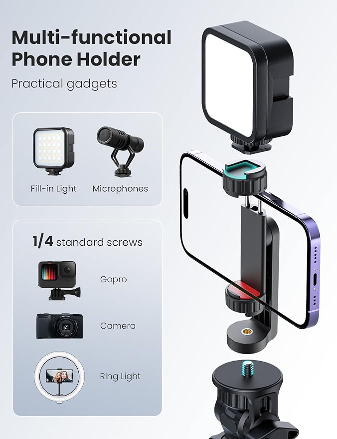Phone Tripod Mount with 2 Cold Shoes, Smartphone Holder Adapter Rotatable Bracket with 1/4 inch Screw/Adjustable Clip for Video Live Streaming/Recronding