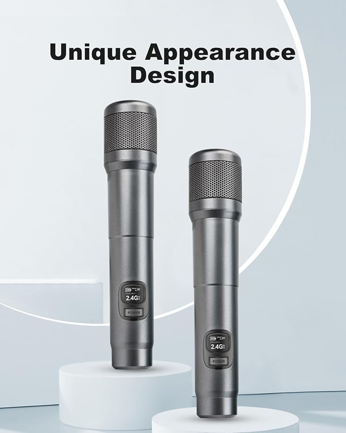 Wireless Microphone, Dual Handheld Dynamic Mic with Rechargeable Receiver, 40H Duration, 200ft Range, Plug and Play, Karaoke Microphone for Singing, Karaoke, Meeting, Church, Wedding