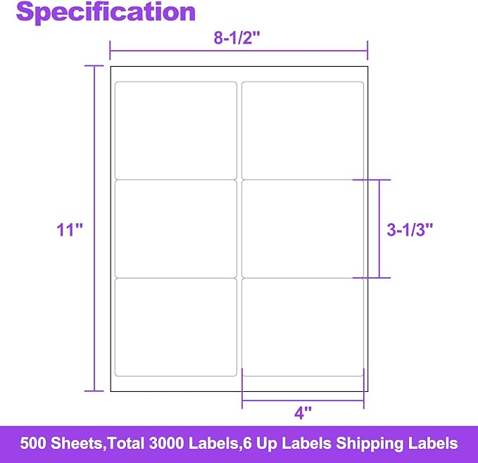 AveneMark 500 Sheets 3000 Labels Shipping Address Labels, 6 up 3-1/3" x 4" Quick to Peel Stickers Paper for Laser & Inkjet Printers, Printable Mailing Labels Stickers (6 Labels per Page Sheet)