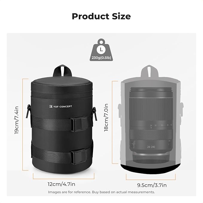 K&F CONCEPT Camera Lens Pouch Case, Waterproof Zipper Lens Protective Bag, Shockproof All-round Camera Lens Carry Bag for DSLR SLR Lens Size Below 3.7" x7" (D x H)