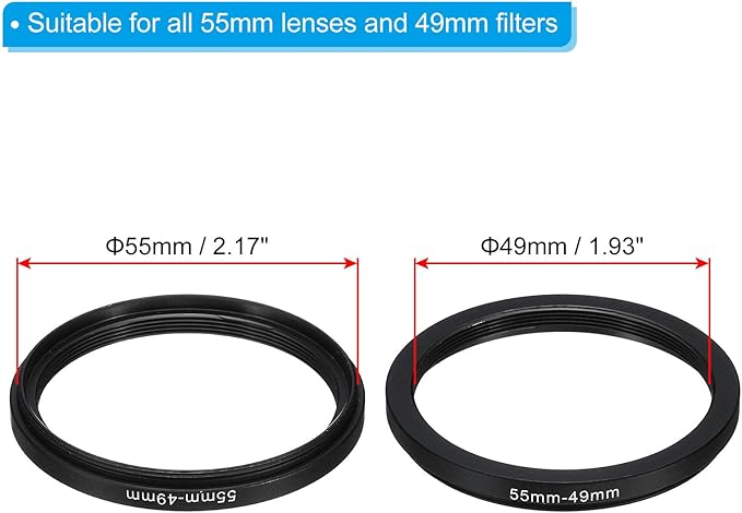 PATIKIL 55mm-49mm Metal Step Down Ring with Cleaning Cloth, 2 Pack Camera Lens Filter Adapter Ring Aluminum Filter Adapter Ring for Camera Lenses Hood, Black