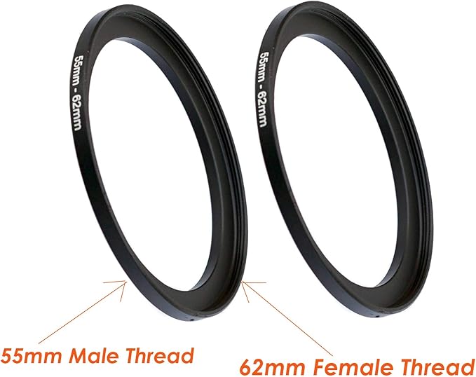 (2-Pcs) 55-62MM Step-Up Ring Adapter, 55mm to 62mm Step Up Filter Ring, 55 mm Male 62 mm Female Stepping Up Ring for DSLR Camera Lens and ND UV CPL Infrared Filters