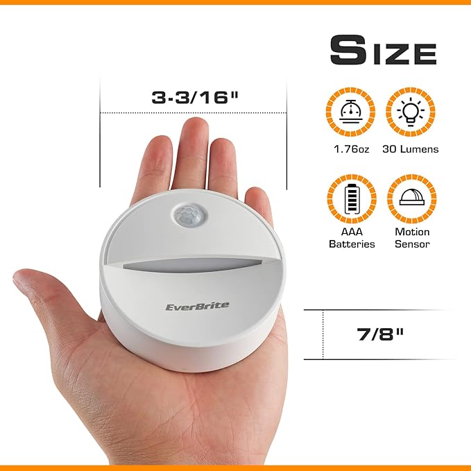 EverBrite LED Motion Sensor Night Light, Automated On & Off, Cool White Motion Activated LED Night Light for Kitchen, Bathroom, Stairs, Bedroom - with 18 AAA Batteries, 6-Pack