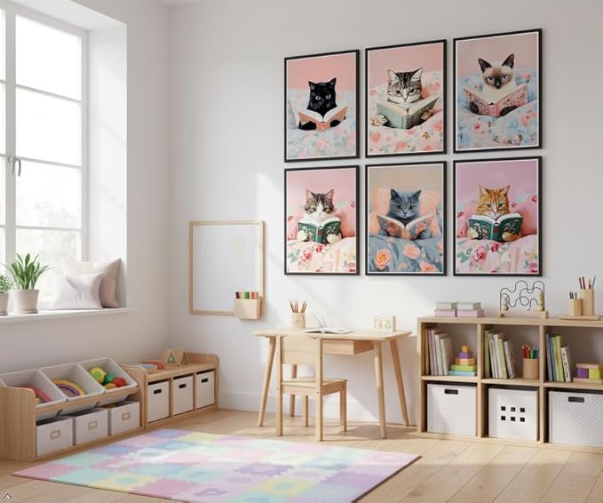 Zhfmoir Cute Cat Reading Posters Wall Art Set of 6, Funny Cats with Books Prints Aesthetic Kitty Wall Decor for Girls Bedroom Kids Room Nursery Classroom Library Decor 8x10 Inch Unframed