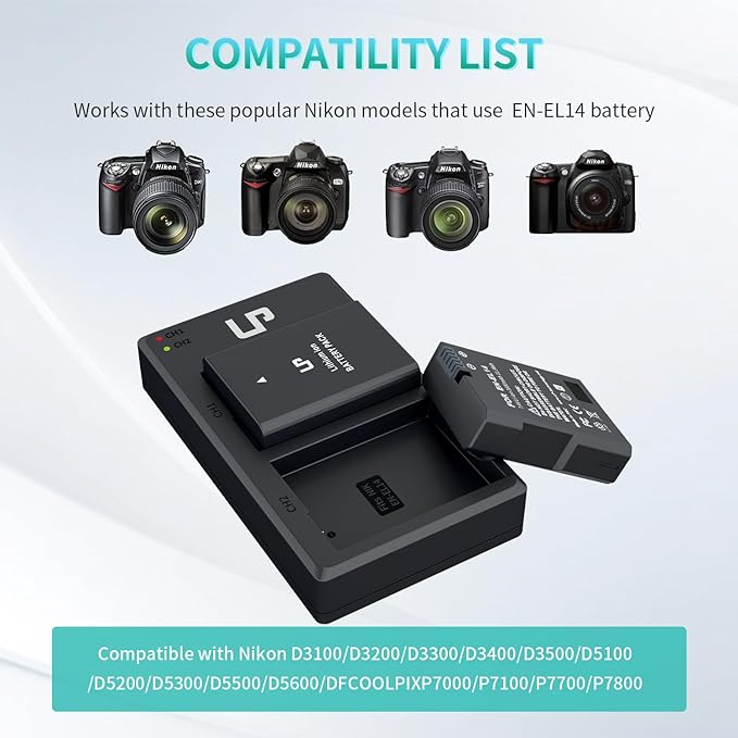 LP EN-EL14 EN EL14a Battery Charger Pack, 2-Pack 1600mAh Battery & Dual Slot Charger, Compatible with Nikon D3100 D3200 D3300 D3400 D3500 D5100 D5200 D5300 D5500 D5600 DF P7000 P7100 P7700 P7800