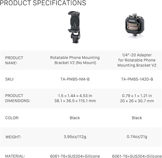 Tilta Rotatable Phone Mount for Tripod & Camera | Universal 1/4"-20 Screw Mount | Adjustable Rotation | Compatible with iPhone, Camera Cages & Accessories – Black