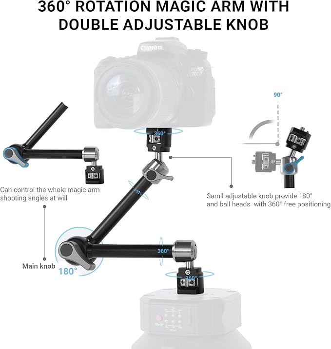 Heavy-Duty Articulating Magic Arm Mount with Super Clamp, 360° Dual Ball Head & 1/4" ARRI Locating Pin&Holes, Camera Monitor Mount for Action Camera Video LED Light (11" Magic Arm w/Headrest)