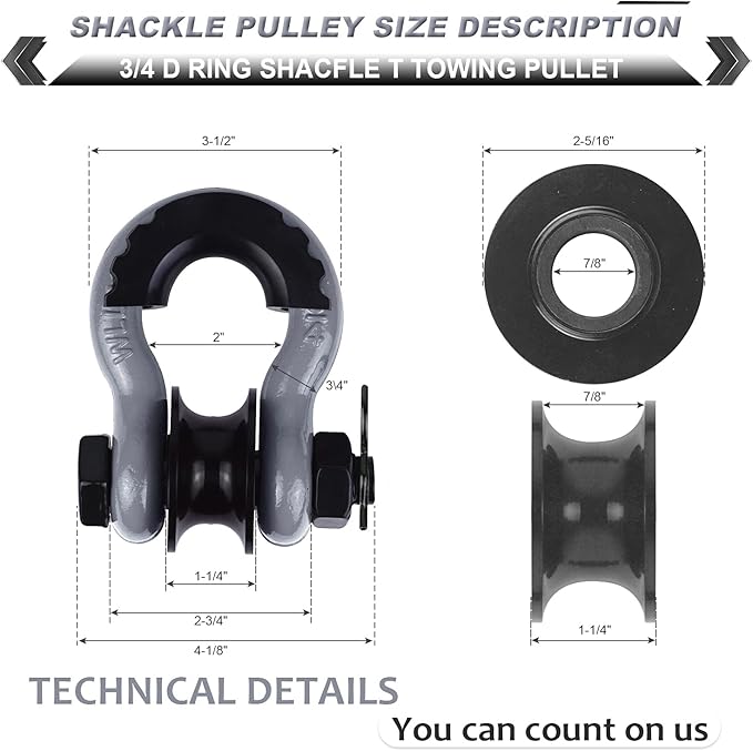 Upgraded Snatch Block, 3/4" D Ring Shackle (2 Pack) 22,000lb Break Strength with Towing Pulley, Heavy Duty Offroad Recovery Accessory for Truck, Tractor, ATV & UTV - Gray