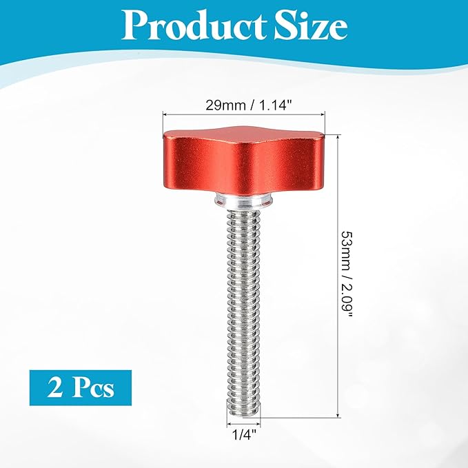 PATIKIL Clamping Screw Knob 1/4" x 2.09", 2Pcs Aluminum Alloy t Shaped Camera Thumb Screws for DSLR Flash Bracket Photography Light Stand Adapter Action Sports Camera Mounting System, Red